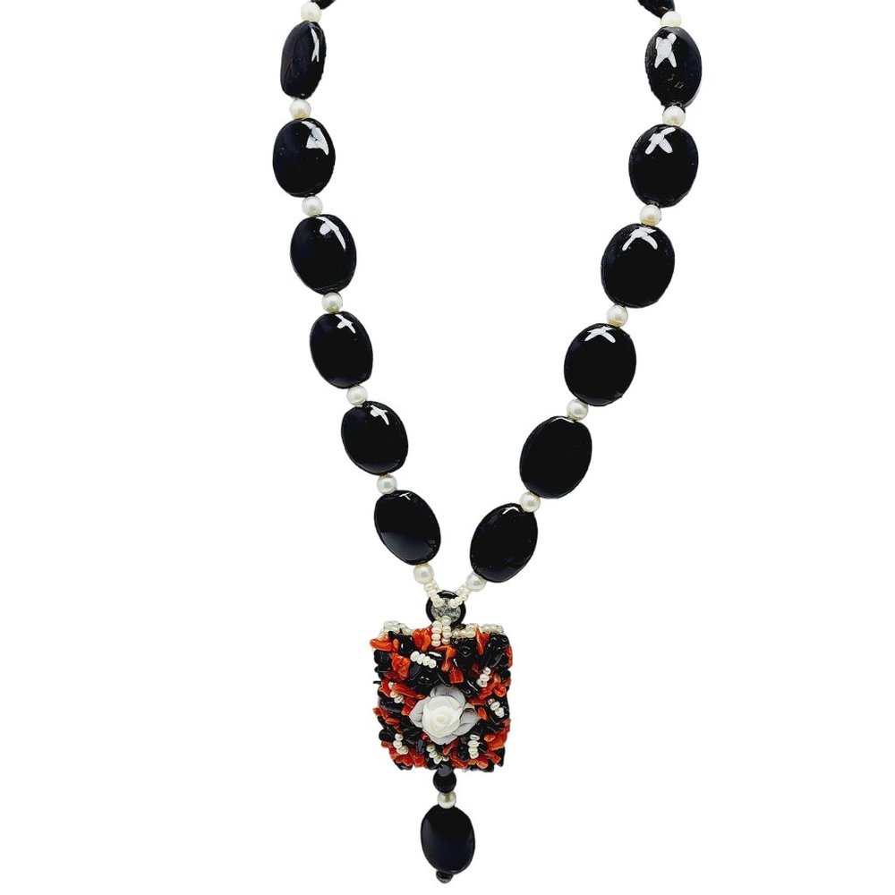 Vintage Signed Glass Pearl & Branch Coral Pendant Necklace (A854)